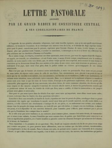 Lettre pastorale adressée par le grand rabbin du consistoire central (S. Ulmann) à ses coréligionnaires de France. (3 tischri 5624 [16 septembre 1863])